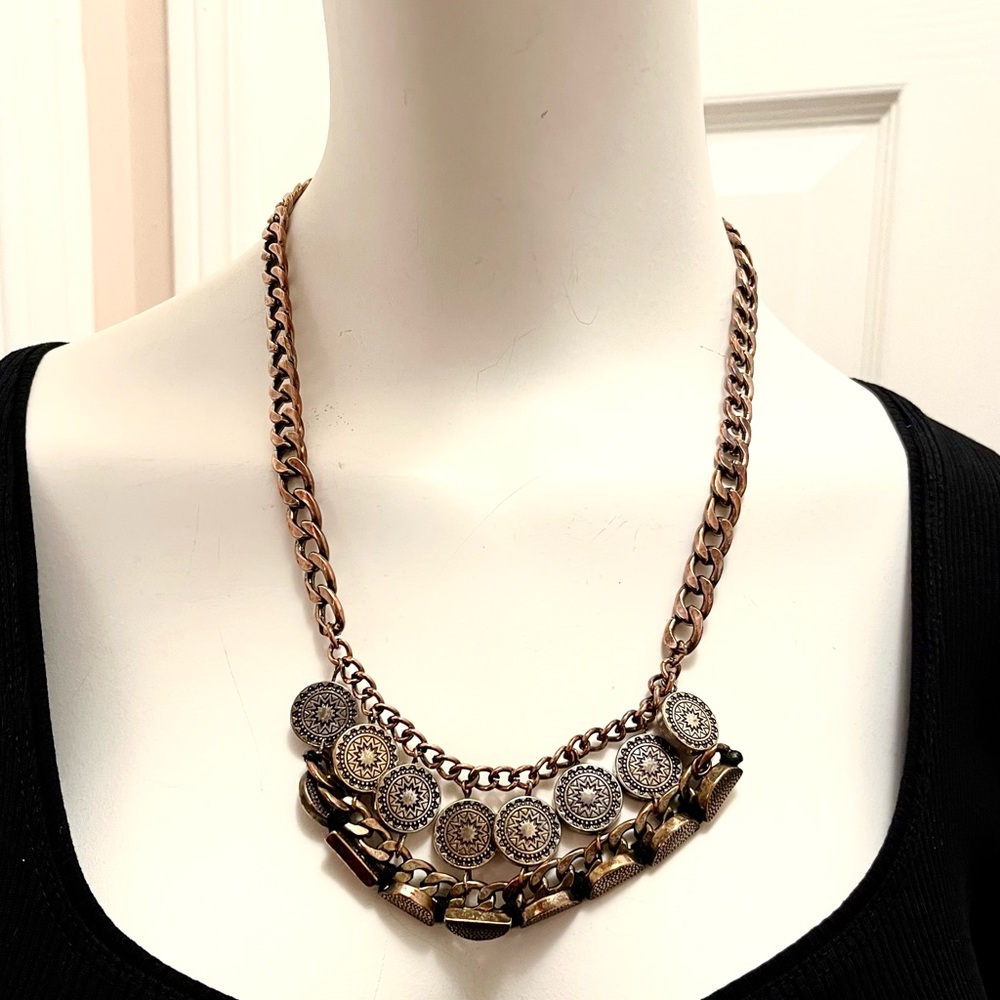 Vintage Boho Coin Medallion Statement Necklace — Chunky Chain Bronze Tone
